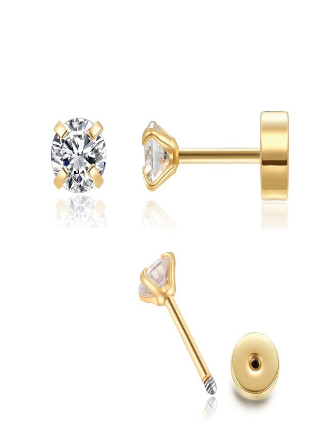 Renkovte 4mm CZ Flat Screw Back Stud Earrings,14K Gold Small Cubic Zirconia Earrings for Helix Cartilage Tragus Earlobe Piercing Jewelry Gift for Women(4mm CZ, Gold) - Image 1